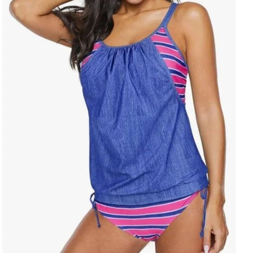 Striped blue & pink bra blouson tank with side tie bikini bottoms Swim Set NWOT